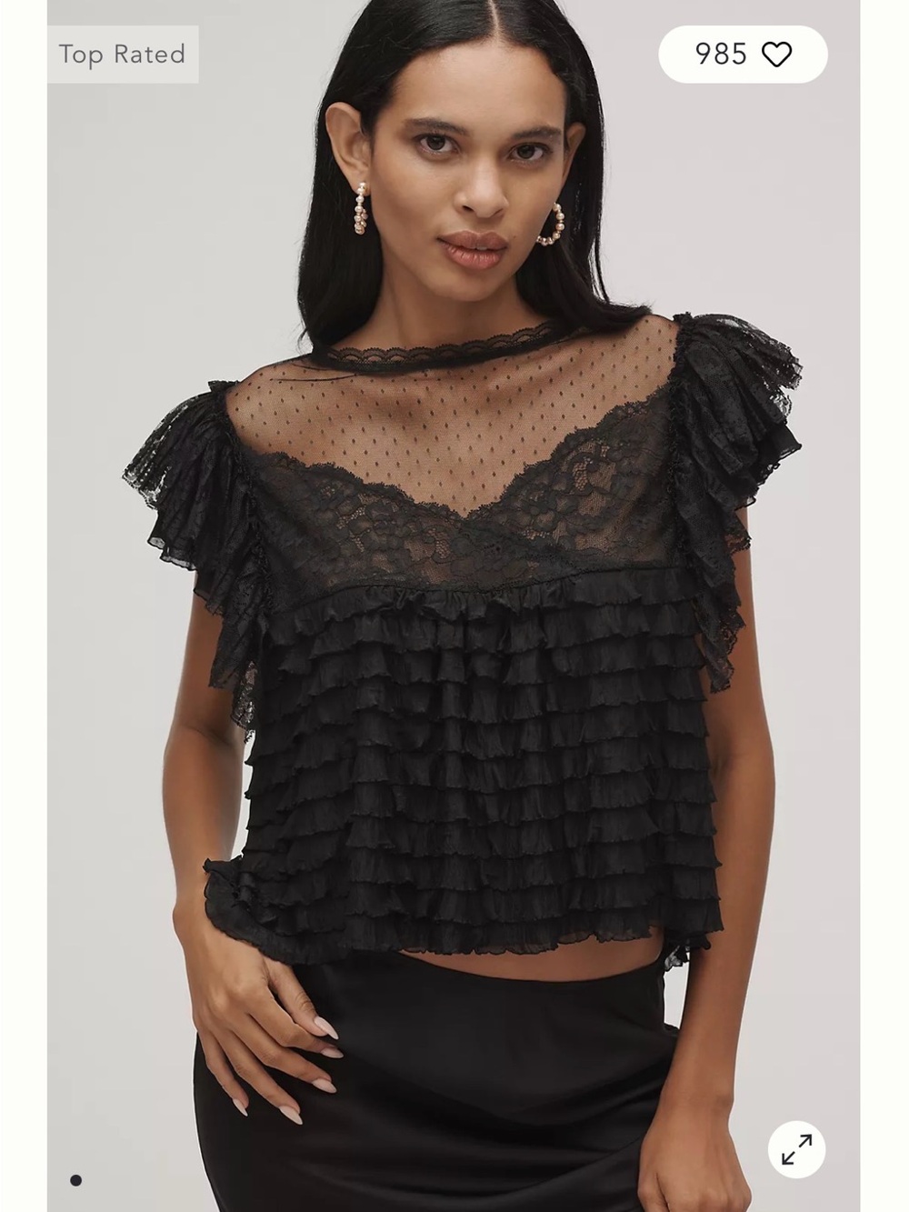 Maeve Black Sheer Ruffle Lace Blouse